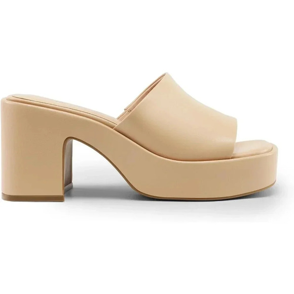 Women Tan Fashion Comfort Slip on Square Open  Toe Block Heel Sandals - Picture 2 of 6